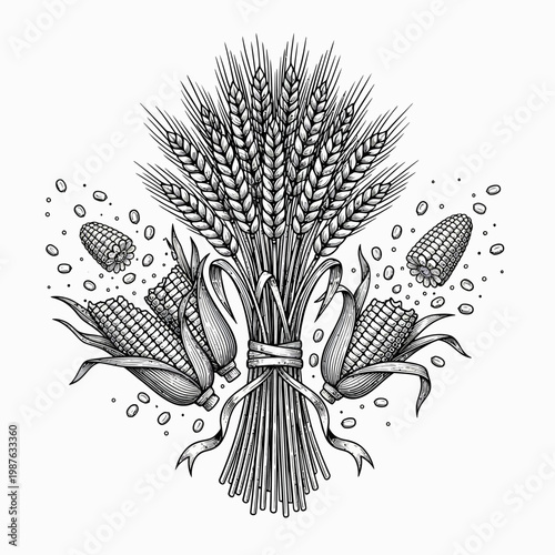 Hand-drawn illustration of a wheat sheaf and corn cobs, symbolizing harvest and agriculture.