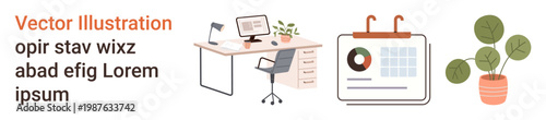Office decor, productivity, time management, workspace setup, home office, organization. Clean workspace with desk, chair computer wall calendar and potted plant. Office decor and productivity