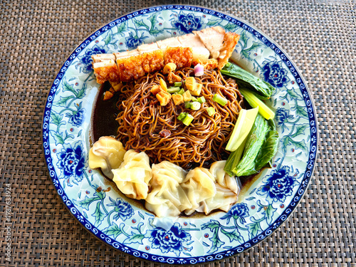 Crispy Chinese pork belly and noodles