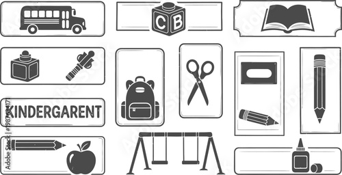 School supplies in rectangle and square hand drawn style back to school icons set
