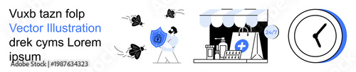 Cybersecurity, online protection, 247 shopping, retail security, e-commerce, time management. A shield repelling bugs, a store facade with a health symbol and a 247 clock. Cybersecurity and online