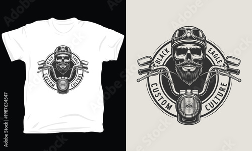 Vintage skull with beard riding motorcycle emblem black and white.