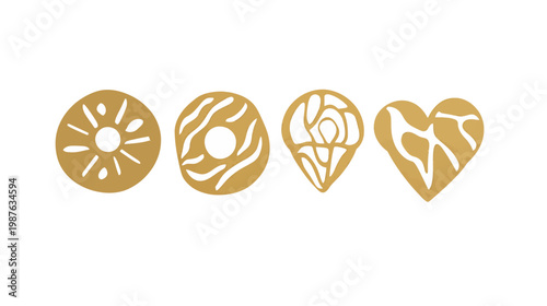 Four stylized illustrations, featuring sun, donut, flower, and heart shapes, in earth-tone colors