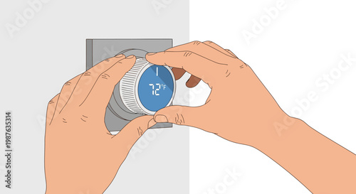 Illustration of Hands Adjusting Modern Smart Thermostat Dial for Home Temperature Control and Energy Efficiency