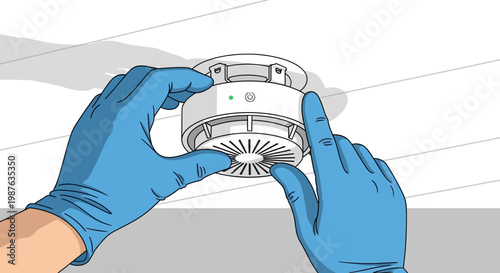 Professional Installation of a Smoke Detector on a Ceiling with Gloved Hands. Vector Illustration for Fire Safety, Home Maintenance, and Security Services.