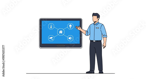 Technician Presenting Smart Home Automation Control Panel on Digital Tablet Screen