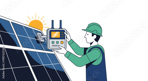 Technician Installing and Maintaining Solar Panels with Digital Monitor - Green Energy and Sustainability Concept Illustration