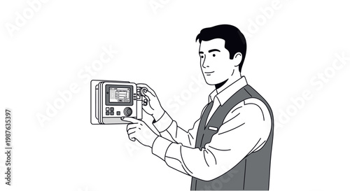 Service employee operating digital smart home control panel or thermostat interface illustration
