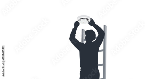 Silhouette of Technician Installing Smoke Detector on Ladder - Home Fire Safety and Alarm Maintenance Concept Isolated on White