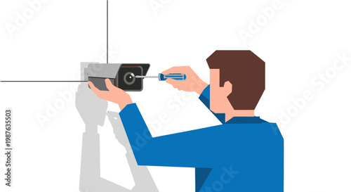 Professional Technician Installing CCTV Security Camera on Wall Illustration. Vector concept for home surveillance, protection, and maintenance services.