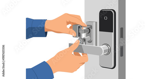 Technician Hands Installing or Repairing a Modern Smart Electronic Door Lock System, Home Security Technology and IoT Maintenance Concept