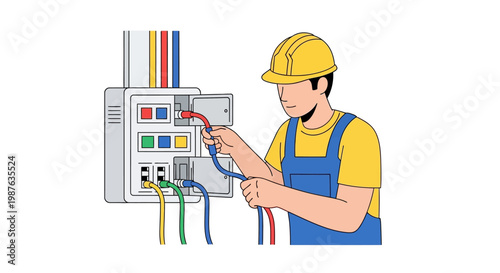 Professional Electrician Working on Electrical Panel with Colorful Wires; Flat Vector Illustration of Maintenance Worker in Hard Hat Repairing Industrial Control Box
