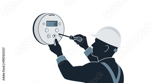Professional Technician in Hard Hat Installing or Repairing a Smart Digital Thermostat Vector Illustration