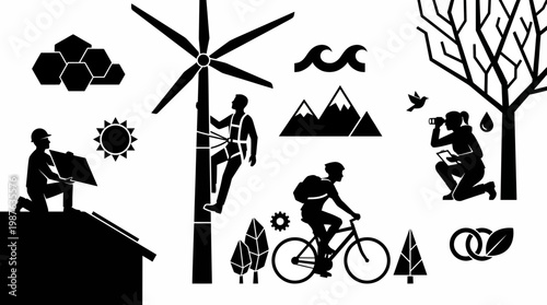 Eco friendly sustainable lifestyle icons set.