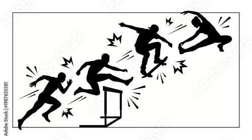 Silhouette of skateboarders performing tricks.