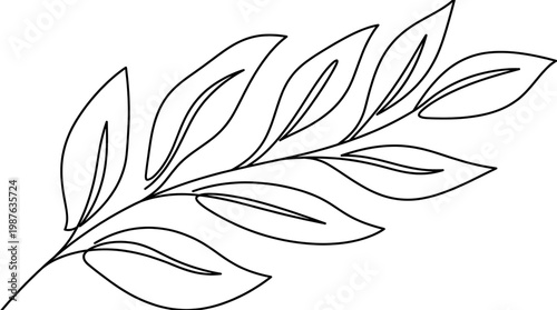 Minimalist single continuous line art illustration of a graceful botanical leaf branch, symbolizing natural elegance and organic growth, ideal for clean and modern design aesthetics