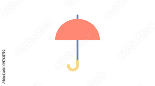 Simple illustration of an open umbrella in coral color with yellow handle, symbolizing protection and shelter from rain, against a white background