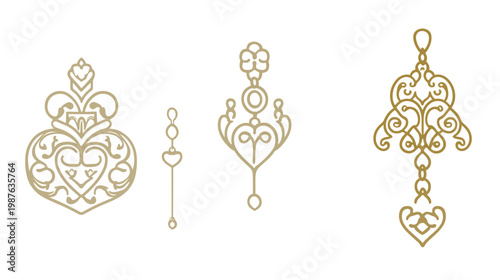 Intricate golden ornamental design with three isolated elements on white background. Elegant illustrations
