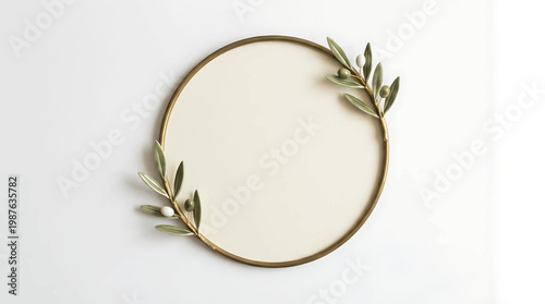 Elegant circular frame adorned with delicate green olive branches, perfect for adding a touch of natural beauty to designs