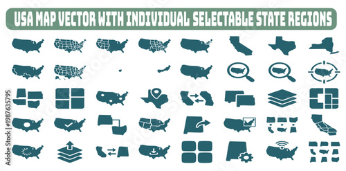 Vector map icons of USA individual states with selectable regions design