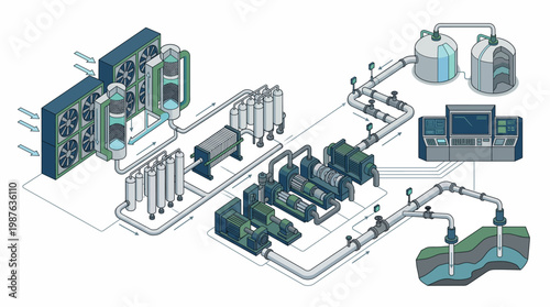 Industrial process diagram with machinery and equipment.