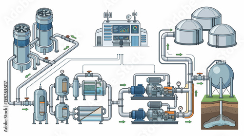 Industrial process diagram with machinery and pipeline system.