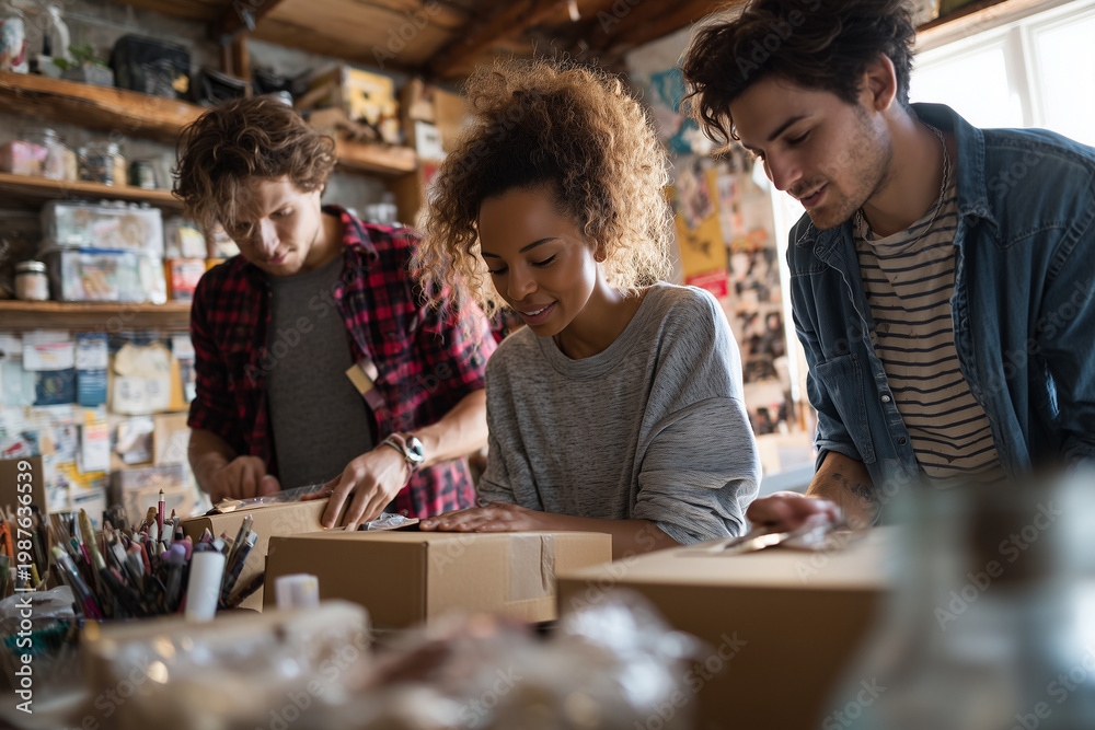 Fototapeta premium Diverse Young Entrepreneurs Packing Sustainable Shipping Boxes in a Creative Workshop
