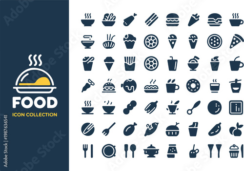 Minimalist food icon set design with navy background featuring multiple cuisine symbols and central serving platter illustration layout composition