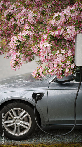 Electric Car Charging in Rain Under Pink Blossom Tree