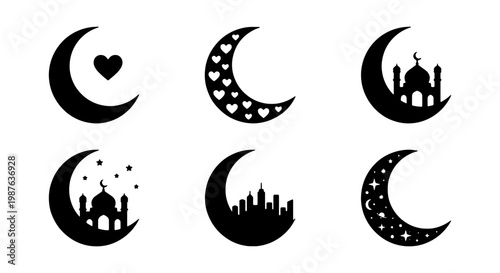 Ramadan crescent moon vector set with heart, stars, mosque and city silhouette design elements