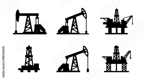 Oil and gas industry equipment vector illustration featuring pump jacks and drilling rigs icons