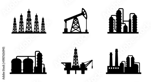 Oil and gas industry icons: refinery, drilling rig, and oil pump jack vector silhouettes set design