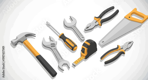 Isometric Hand Tools Set for Construction, DIY Home Repair and Carpentry