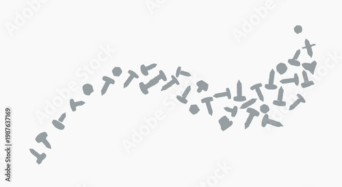 Dynamic Wave of Metal Screws and Bolts on White Background, Industrial Hardware Fasteners and Construction Equipment Concept Illustration