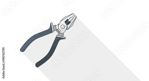 Professional Combination Pliers Illustration with Long Shadow on White Background - Flat Vector Hand Tool Icon for DIY, Construction, and Repair Projects