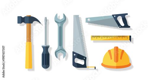Flat Vector Illustration of Construction Tools and Safety Equipment Set, Including Hammer, Saws, Wrench, Screwdriver, and Hard Hat for DIY and Industrial Projects