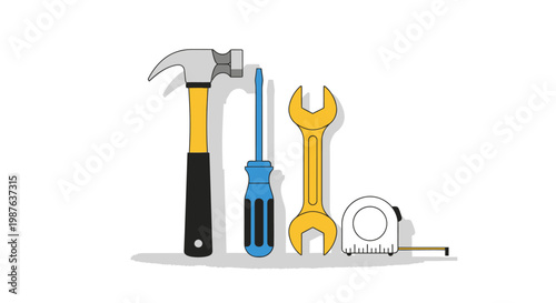 Essential Hand Tools Set Vector Illustration - Hammer, Screwdriver, Wrench, and Tape Measure for DIY and Home Repair