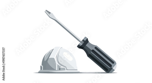 Slotted Screwdriver and White Construction Hard Hat Illustration - Industrial Safety and Manual Labor Tools Concept - Isolated on White Background