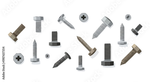 Collection of various metal screws and bolts icons. Flat vector illustration of hardware fasteners including wood screws and hex bolts isolated on white background.