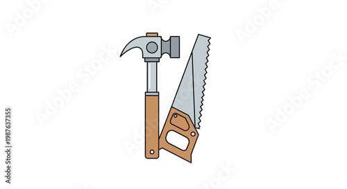 Flat Illustration of a Claw Hammer and a Handsaw for Carpentry and DIY Projects