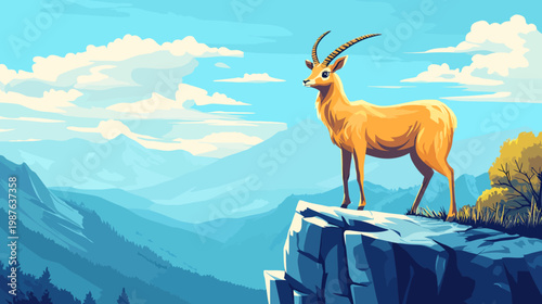 A stylized illustration depicting a deer standing on a cliff with mountain ranges in the background under a blue sky