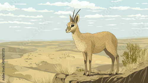 Digitally created illustration of a gazelle-like animal standing on a rocky ledge