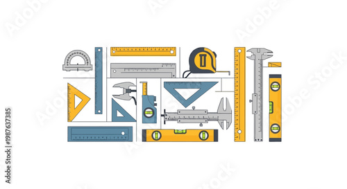 Measurement Tools Collection Vector Illustration: Rulers, Calipers, Tape Measure, Protractor, and Spirit Level. Professional Precision Engineering and Construction Equipment.