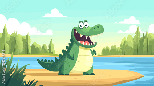 A friendly cartoon crocodile stands on the edge of a body of water with a sunny landscape behind