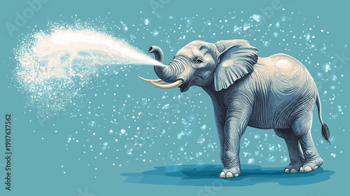A stylized illustration depicting an elephant spraying water from its trunk, with falling droplets