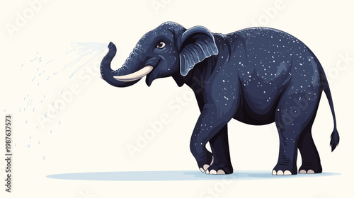 A stylized illustration depicting an elephant spraying water from its trunk, a charming, playful moment