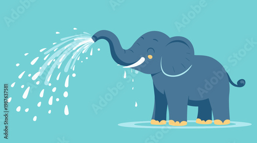 A smiling blue elephant with a raised trunk sprays water on a light blue background