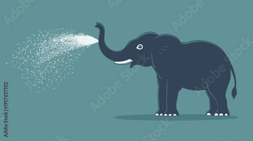 A dark blue elephant sprays water with its trunk, on a turquoise background. Graphic illustration