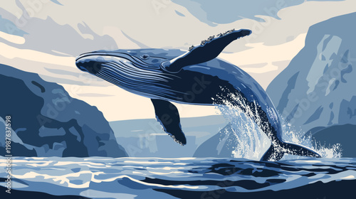 A stylized illustration features a whale breaching from the ocean with mountainous background