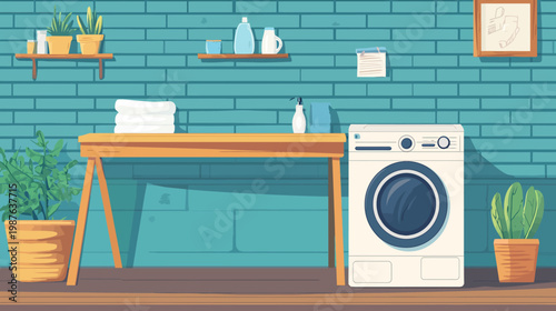Pixelated illustration of a laundry room with a washing machine, table, plants, and shelving